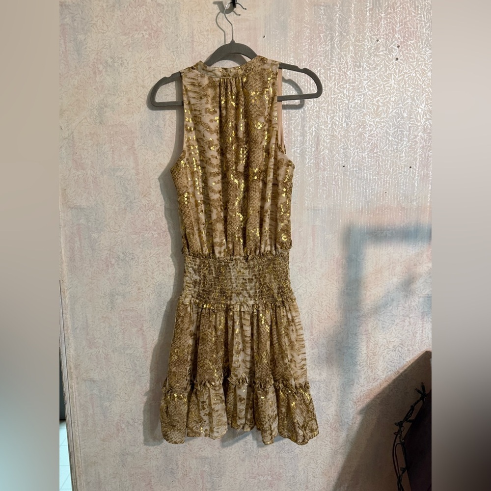 In The Beginning Glamorous Gold Sleeveless, Smocked, Ruffled Mini Dress, Sz Sm - Picture 5 of 10